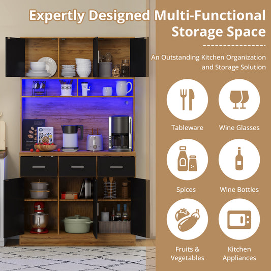 100x40x180cm, Kitchen Tall Cabinet, Pantry, Buffet Cupboard With LED App Controlled, Drawers, Adjustable Shelves, And Charging Station, For Kitchens And Dining Rooms
