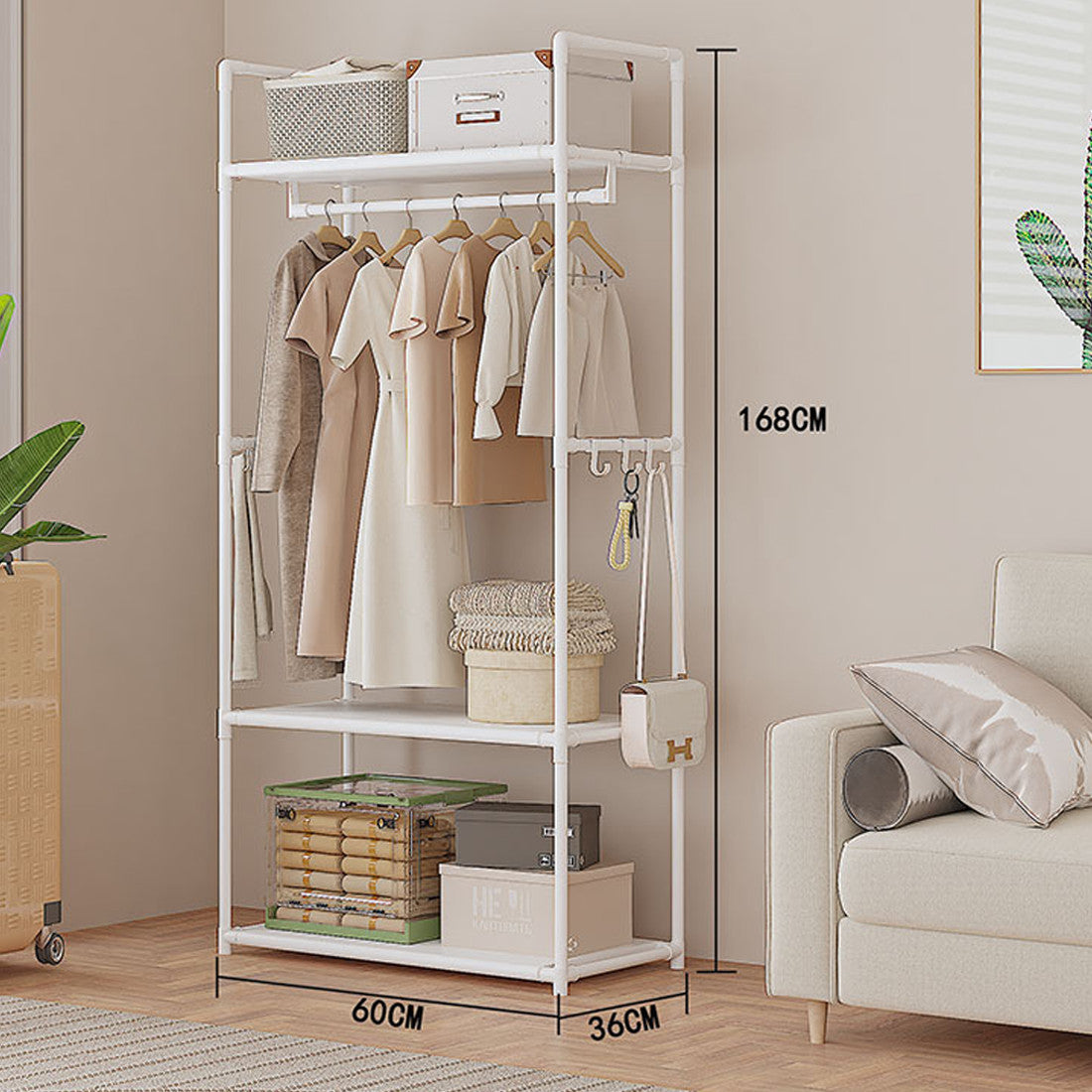 Multifunctional Clothes Rail Garment Hanging Stand Shoe Rack Home Storage Shelf White Without Wheels
