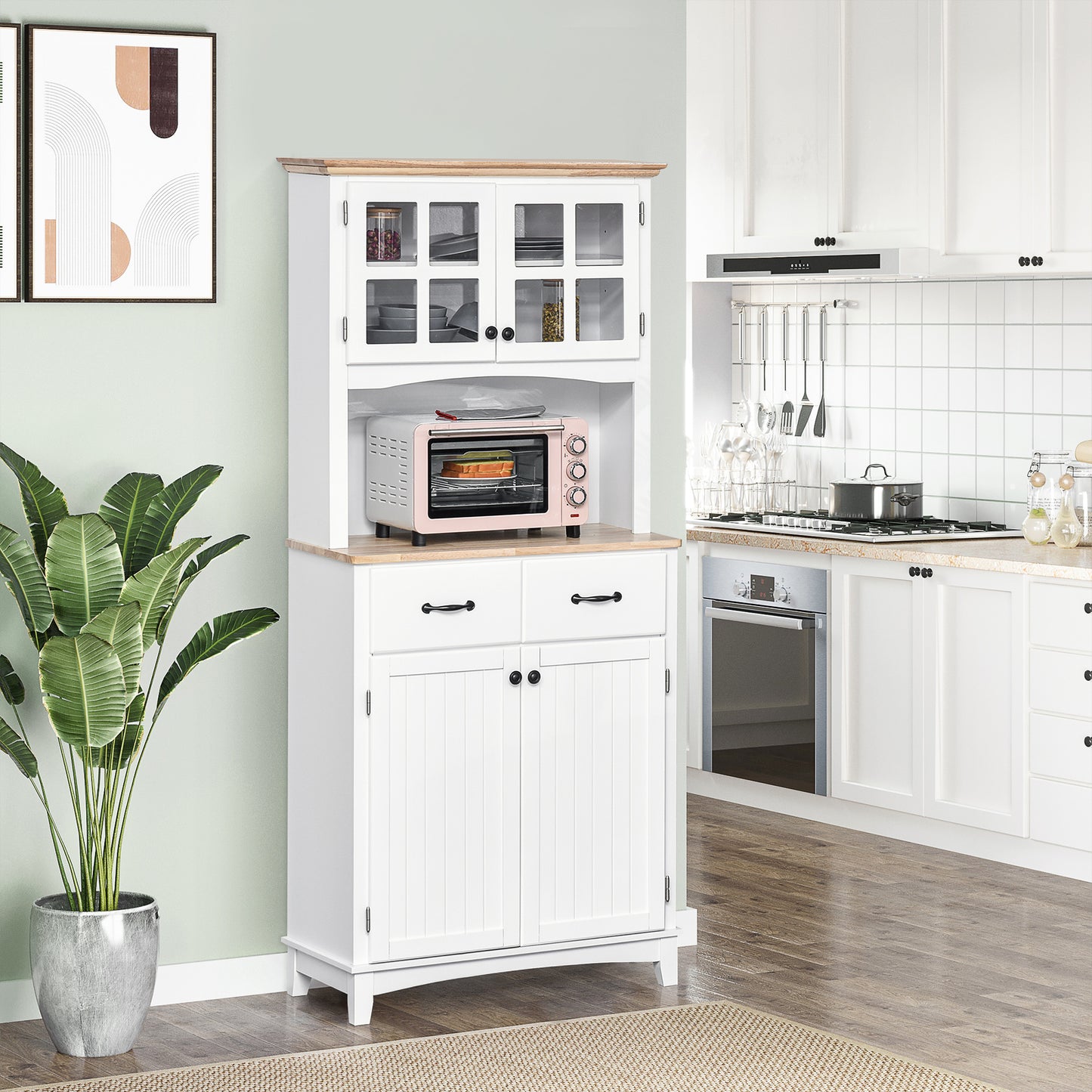 Freestanding Kitchen Cupboard, Kitchen Storage Cabinet With Framed Glass Doors, 2 Drawers, Microwave Counter, 172cm, White