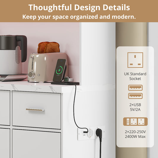 100x40x180cm, Kitchen Tall Cabinet, Pantry, Buffet Cupboard With LED App Controlled, Drawers, Adjustable Shelves, And Charging Station, For Kitchens And Dining Rooms