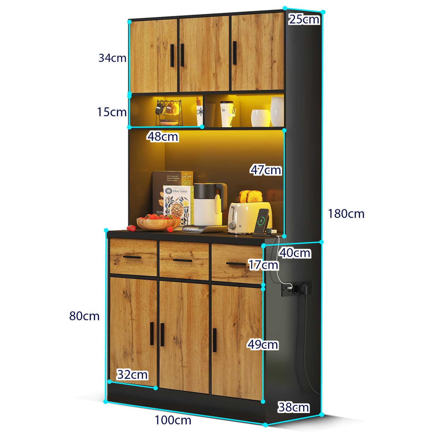 100x40x180cm, Kitchen Tall Cabinet, Pantry, Buffet Cupboard With LED App Controlled, Drawers, Adjustable Shelves, And Charging Station, For Kitchens And Dining Rooms