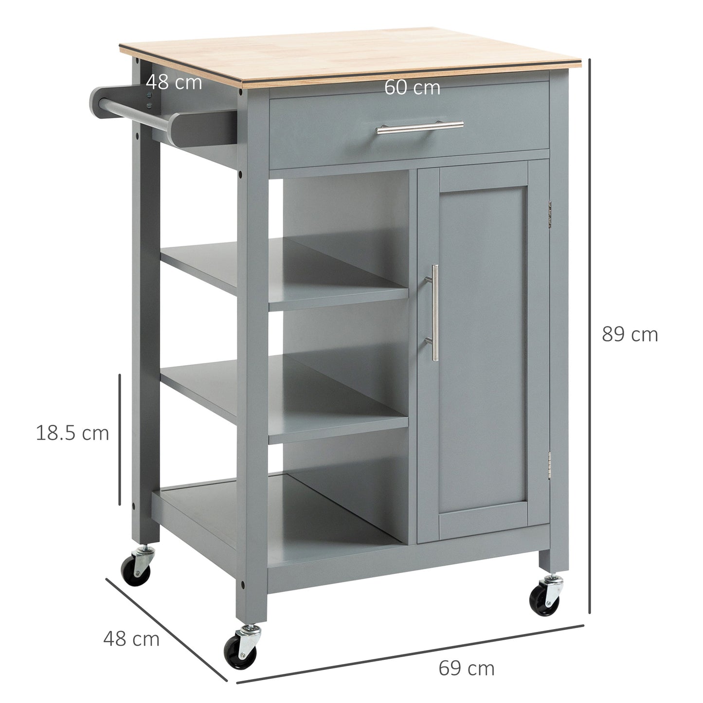 Compact Kitchen Trolley Utility Cart On Wheels With Open Shelf & Storage Drawer For Dining Room, Kitchen, Grey