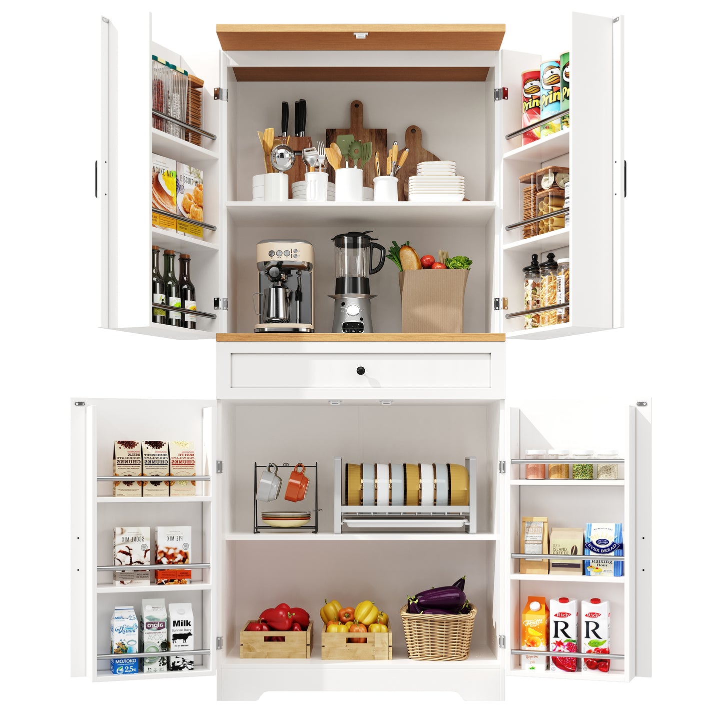 Snack Cabinet, Kitchen Cabinet 80 X 40 X 180 Cm, Tall Kitchen Sideboard, Storage Sideboard, Kitchen Sideboard With Door Frame, White, Suitable For Living Room, Kitchen, Dining Room