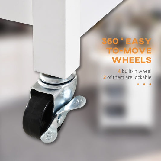 Kitchen Trolley, Kitchen Island On Wheels, W/ Wood Top, 3 Shelves And Storage Cupboard, White