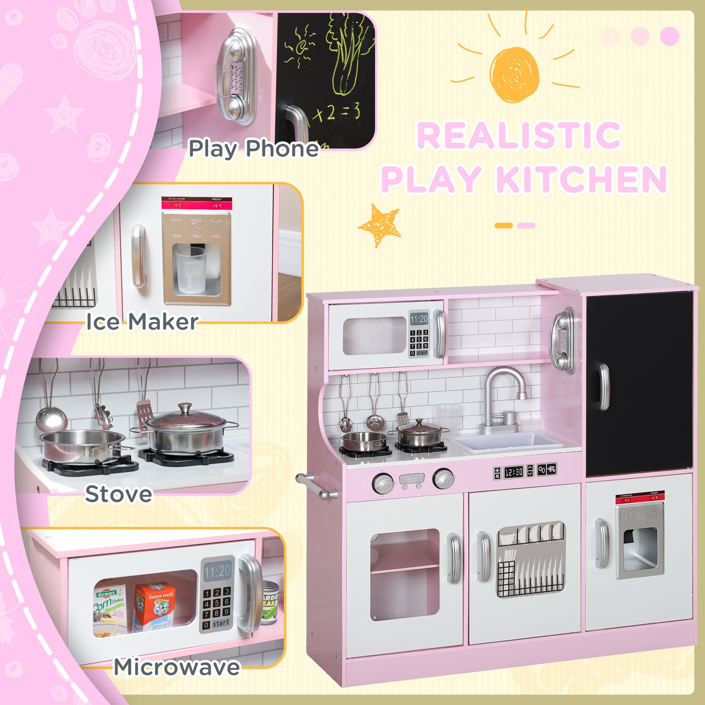 Pretend Play Kitchen, Kids Kitchen Playset W Toy Phone, Chalkboard, Microwave, Cooking Stove, Sink