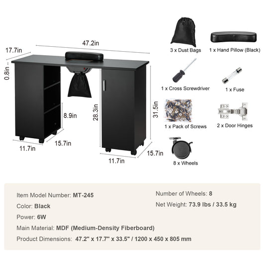 VEVOR Manicure Table, Nail Table Station With Electric Dust Collector, Moveable Nail Tech Desk With 8 Wheels 4 Lockable , 3 Dust Bag & Wrist Rest, MDF Nail Art Workstation For Spa Beauty Salon, Black