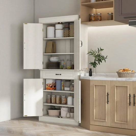 Tall Kitchen Cupboard, Kitchen Pantry Cabinet With Drawer, Shelves, White