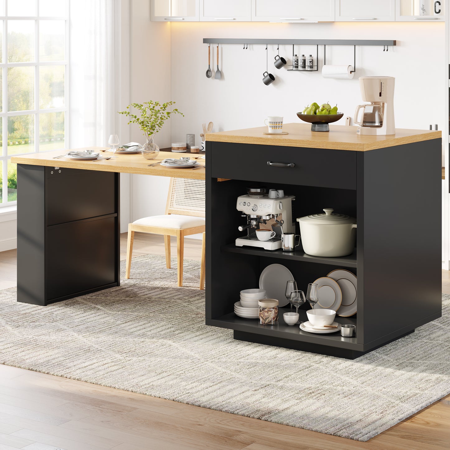 Extendable Kitchen Island With LED Lighting, Modern Storage Cabinet With 2 Drawers & Adjustable Shelves, Kitchen Sideboard With Fluted Glass Doors, MDF Kitchen Countertop For Dining Room