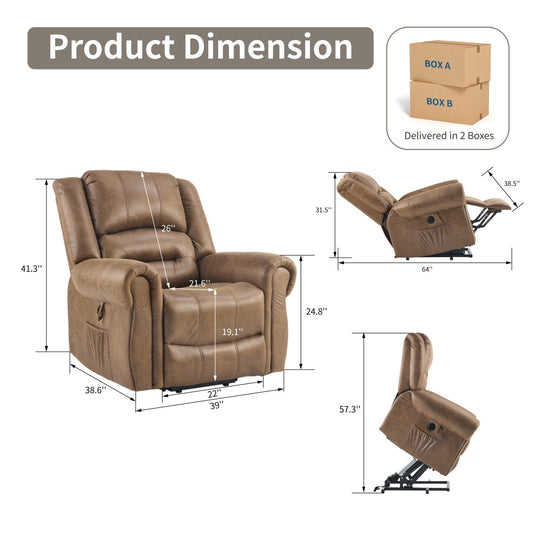 Power Lift Recliner Chair With Massage & Heat For Elderly, Single Motor Electric Lift Chair, Tech Fabric Upholstery, 8-Point Massage & 8-Point Heating, USB & Type-C Ports, Side Pockets,Brown
