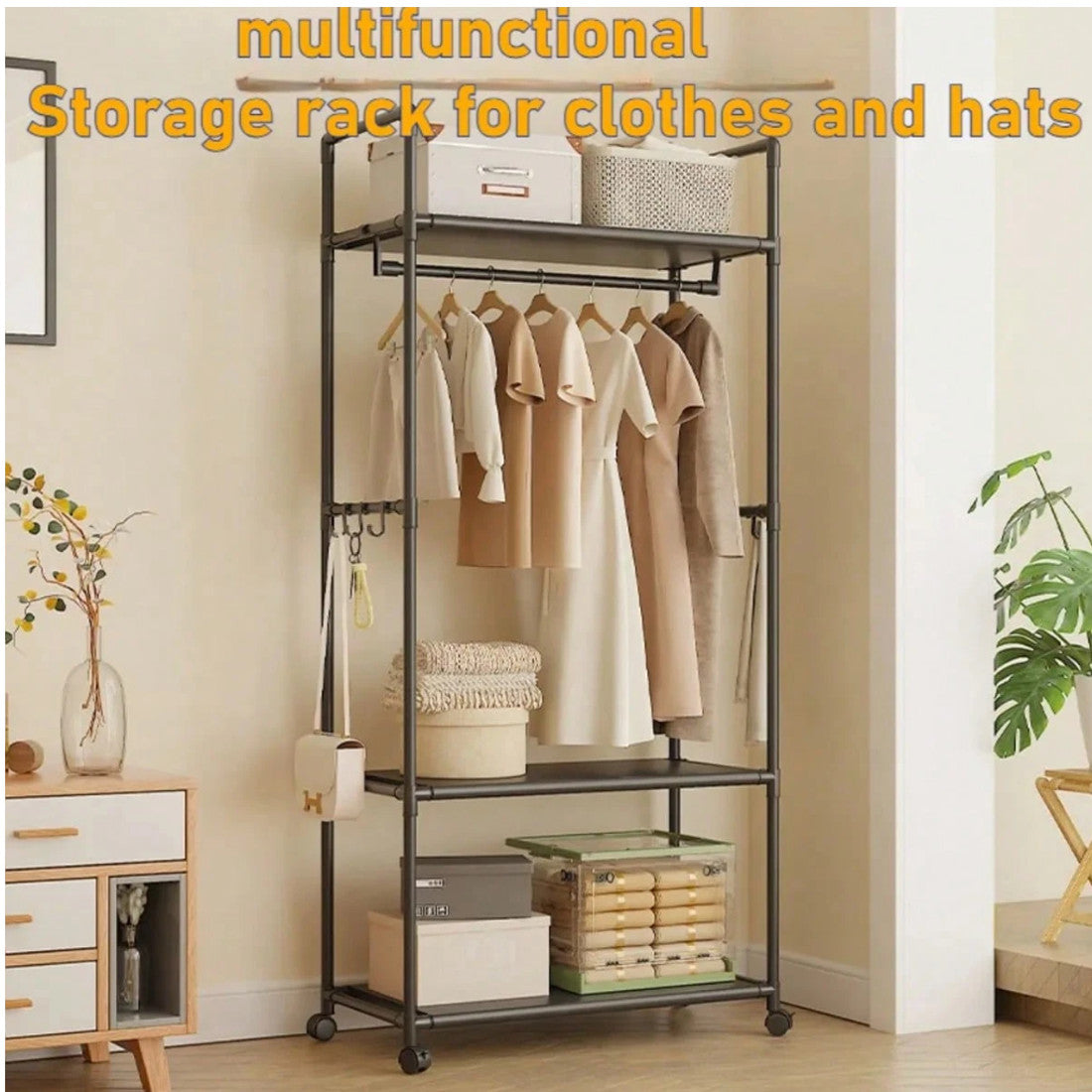 Multifunctional Clothes Rail Garment Hanging Stand Shoe Rack Home Storage Shelf Black Without Wheels