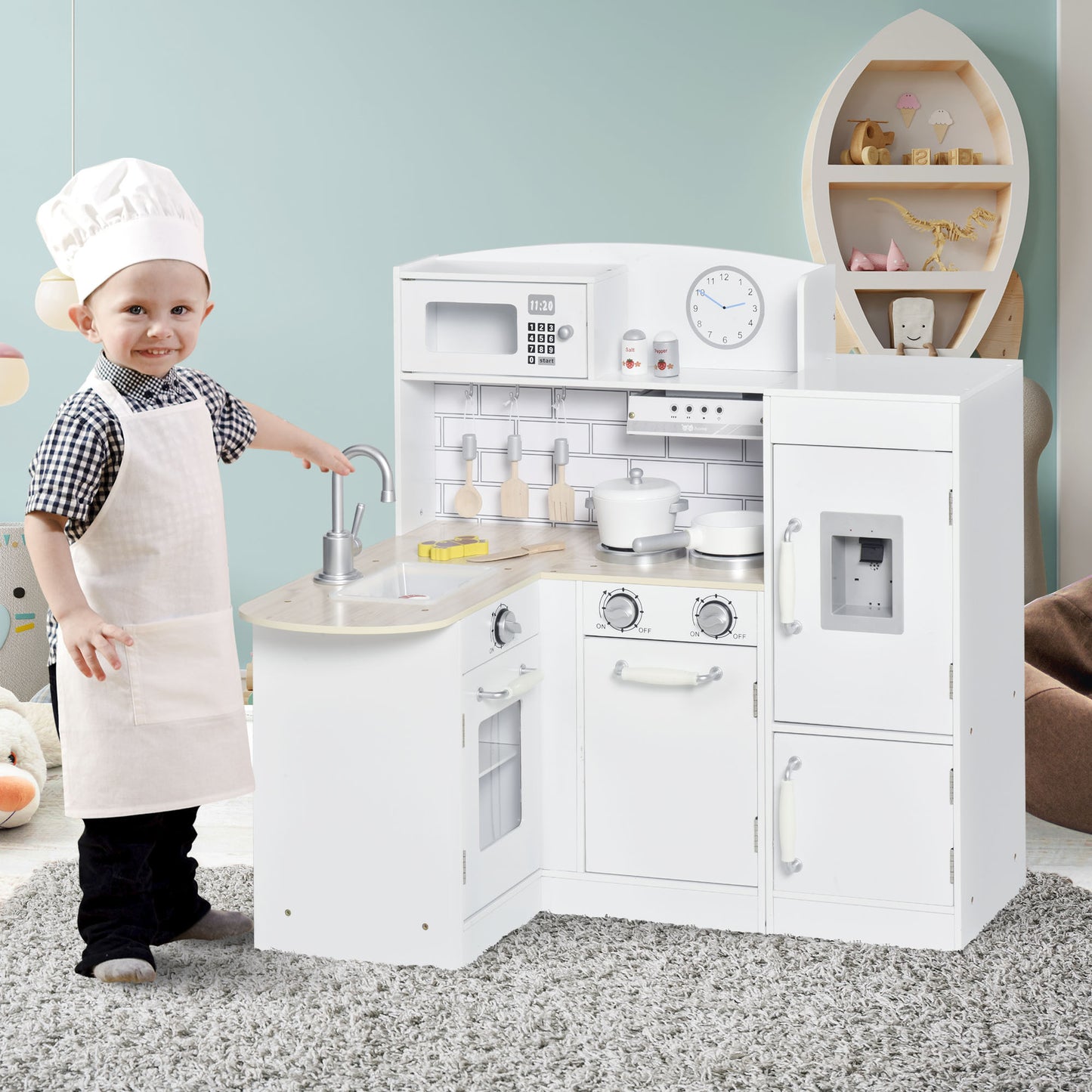 Kids Play Kitchen Wooden Toy Kitchen Cooking Set For Children With Drinking Fountain, Microwave, And Fridge White