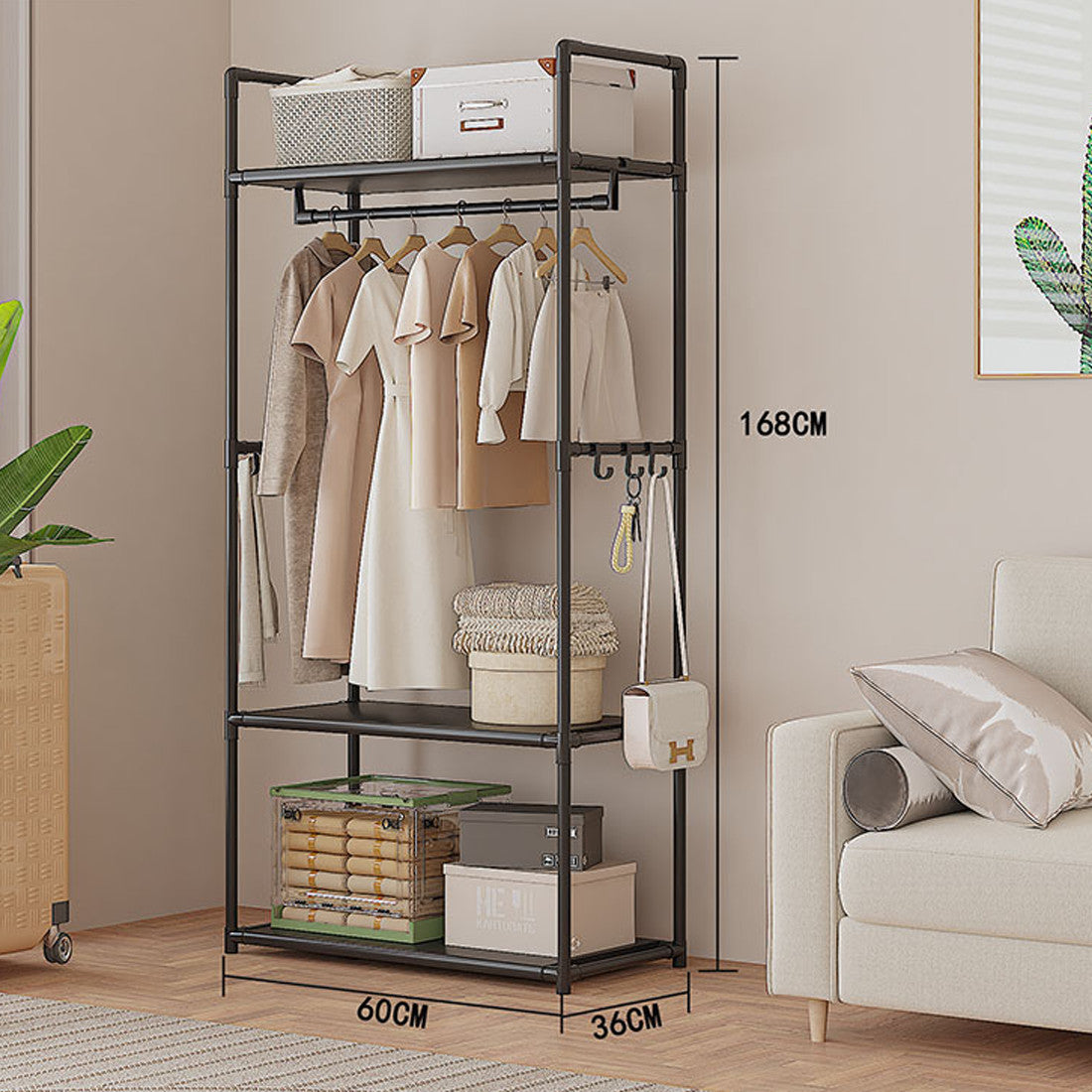 Multifunctional Clothes Rail Garment Hanging Stand Shoe Rack Home Storage Shelf Black Without Wheels