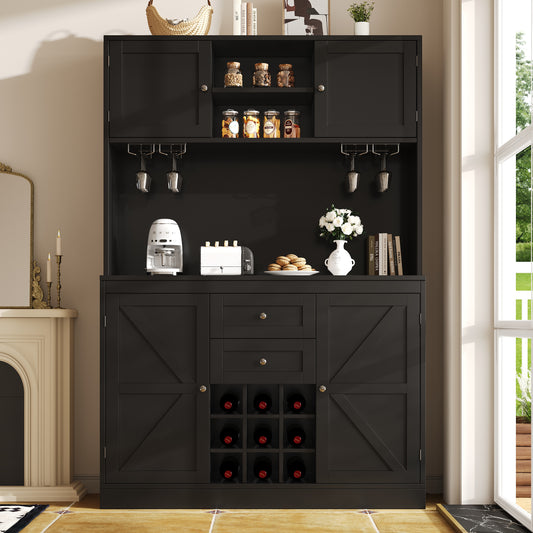 Kitchen Cabinet With Adjustable Shelves & Wine Rack, Tall Kitchen Cabinet With 4 Doors & 2 Drawers, Sideboard For Kitchen & Living Room, Buffet Cabinet, White