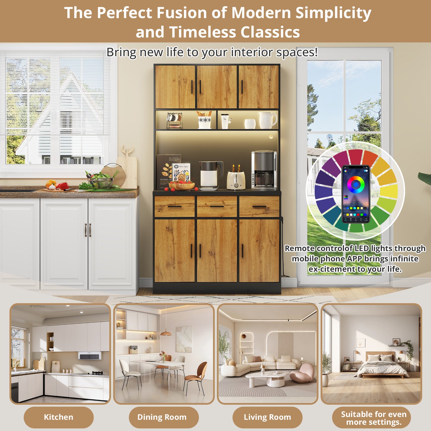 100x40x180cm, Kitchen Tall Cabinet, Pantry, Buffet Cupboard With LED App Controlled, Drawers, Adjustable Shelves, And Charging Station,  For Kitchens And Dining Rooms