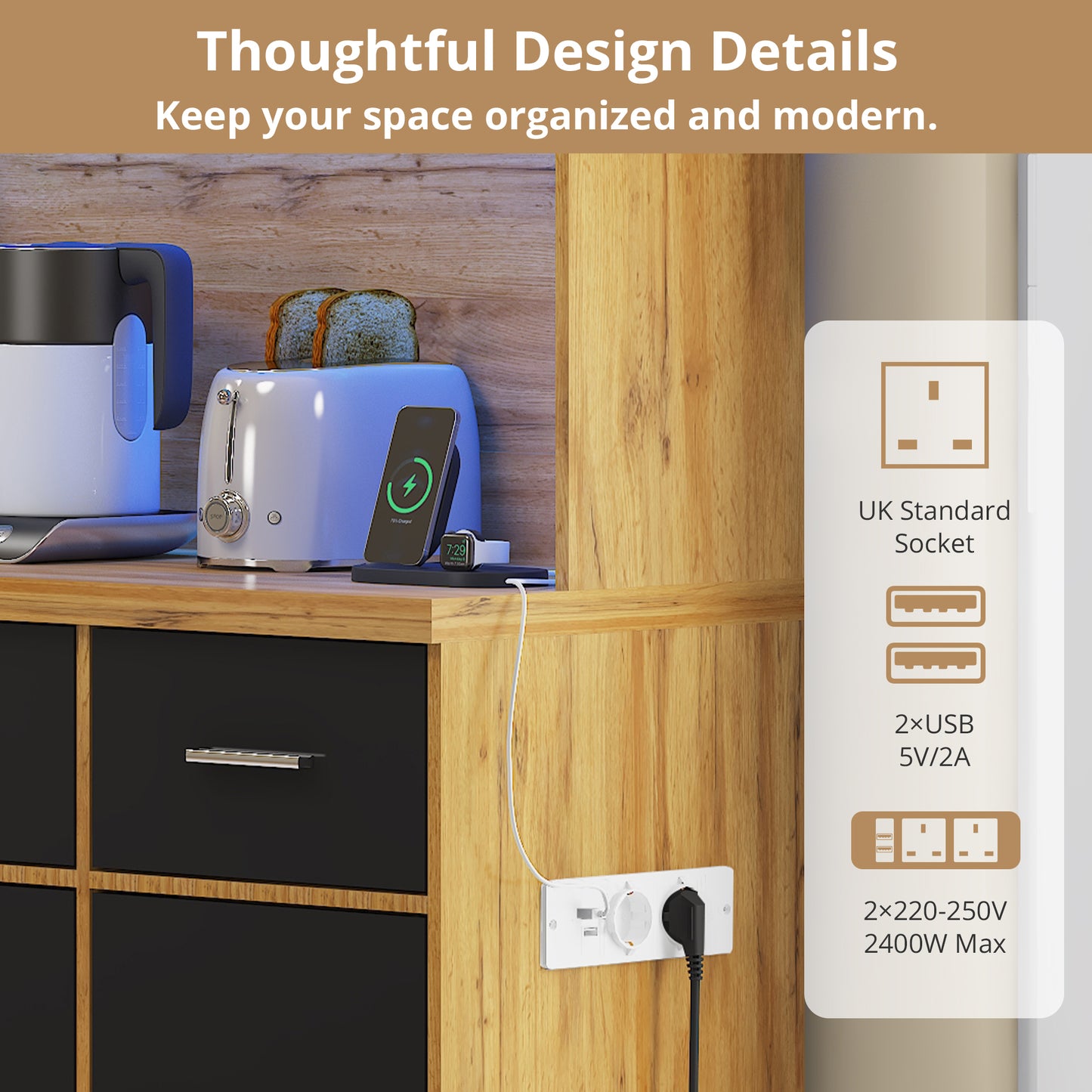100x40x180cm, Kitchen Tall Cabinet, Pantry, Buffet Cupboard With LED App Controlled, Drawers, Adjustable Shelves, And Charging Station,  For Kitchens And Dining Rooms