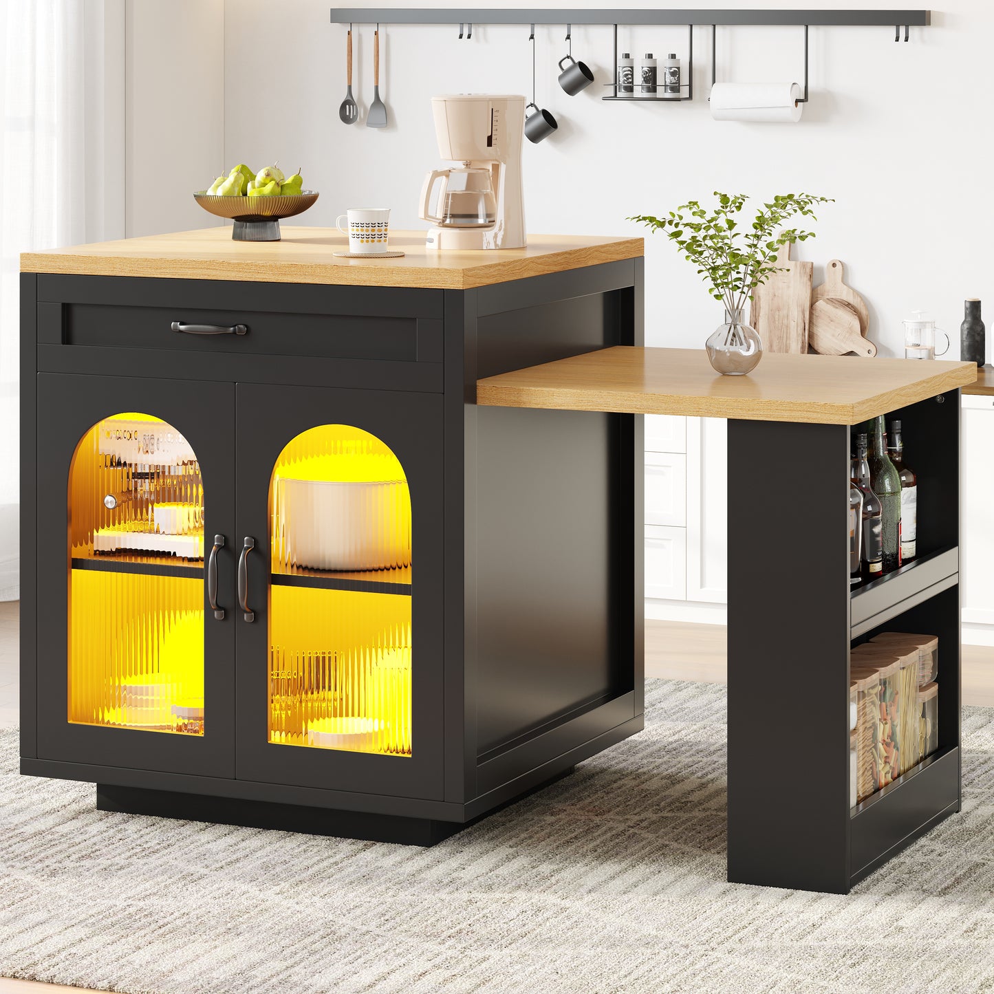 Extendable Kitchen Island With LED Lighting, Modern Storage Cabinet With 2 Drawers & Adjustable Shelves, Kitchen Sideboard With Fluted Glass Doors, MDF Kitchen Countertop For Dining Room