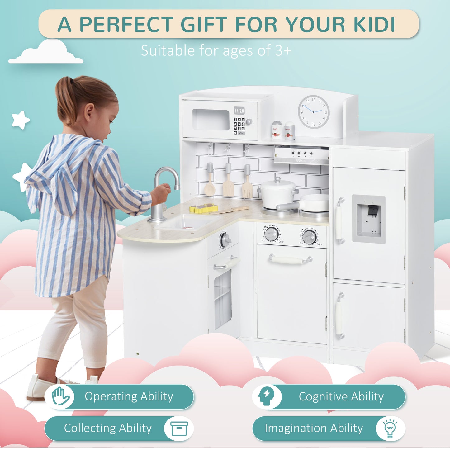 Kids Play Kitchen Wooden Toy Kitchen Cooking Set For Children With Drinking Fountain, Microwave, And Fridge White