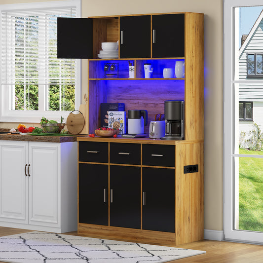 100x40x180cm, Kitchen Tall Cabinet, Pantry, Buffet Cupboard With LED App Controlled, Drawers, Adjustable Shelves, And Charging Station,  For Kitchens And Dining Rooms