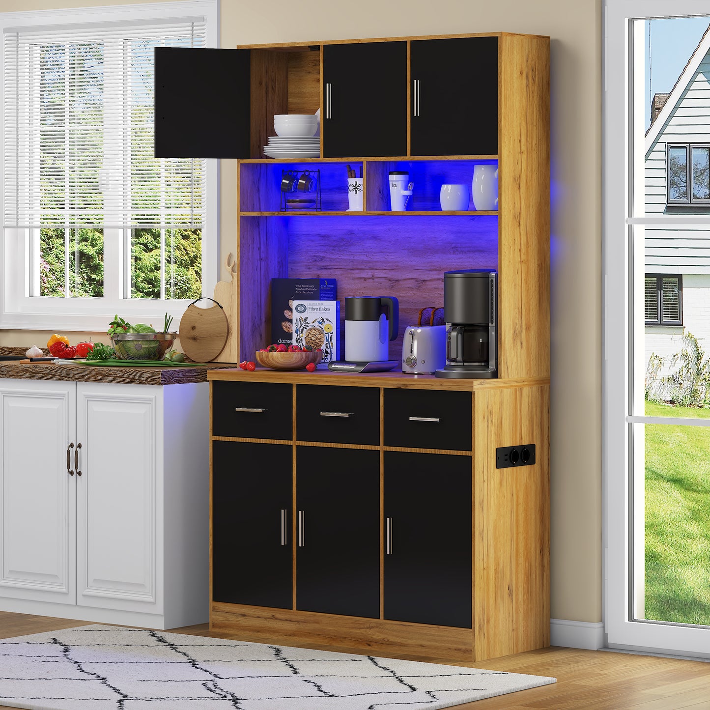 100x40x180cm, Kitchen Tall Cabinet, Pantry, Buffet Cupboard With LED App Controlled, Drawers, Adjustable Shelves, And Charging Station,  For Kitchens And Dining Rooms