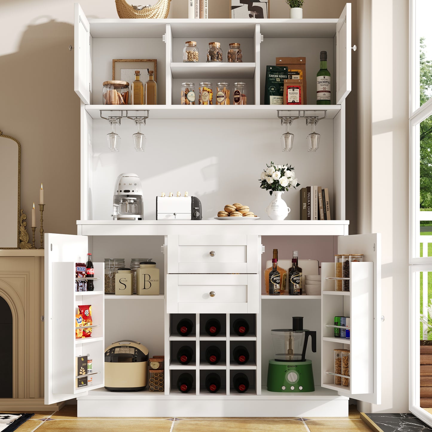 Kitchen Cabinet With Adjustable Shelves & Wine Rack, Tall Kitchen Cabinet With 4 Doors & 2 Drawers, Sideboard For Kitchen & Living Room, Buffet Cabinet, White Balck