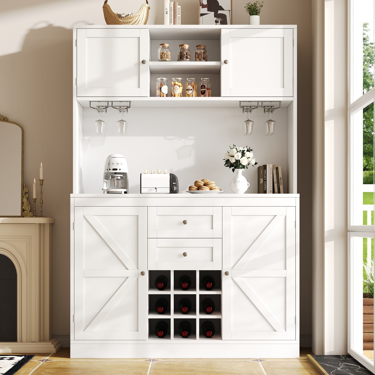 Kitchen Cabinet With Adjustable Shelves & Wine Rack, Tall Kitchen Cabinet With 4 Doors & 2 Drawers, Sideboard For Kitchen & Living Room, Buffet Cabinet, White Balck