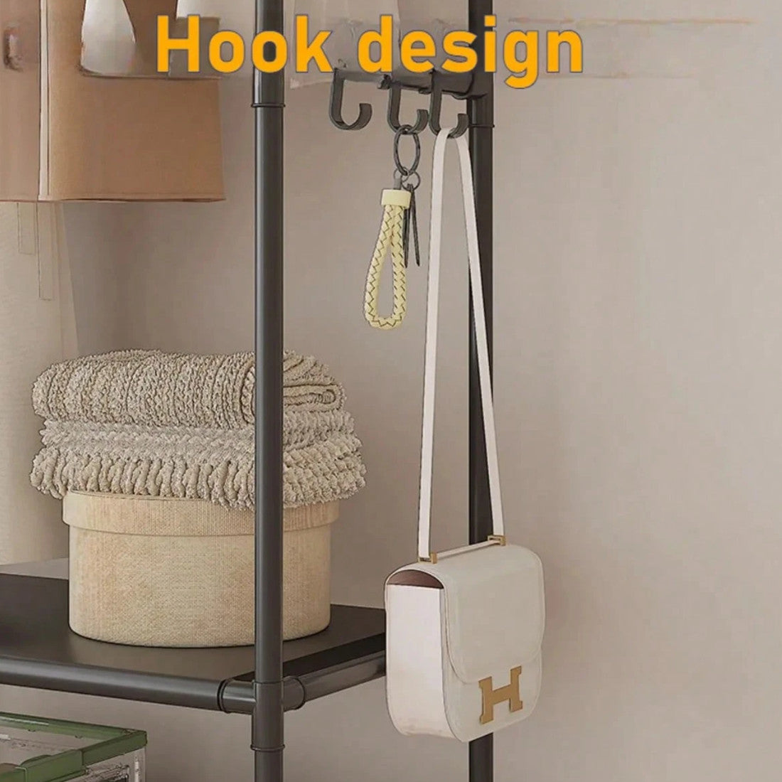 Multifunctional Clothes Rail Garment Hanging Stand Shoe Rack Home Storage Shelf Black Without Wheels