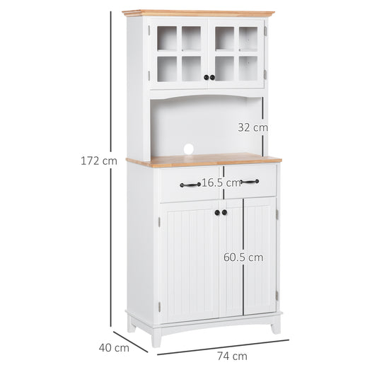 Freestanding Kitchen Cupboard, Kitchen Storage Cabinet With Framed Glass Doors, 2 Drawers, Microwave Counter, 172cm, White