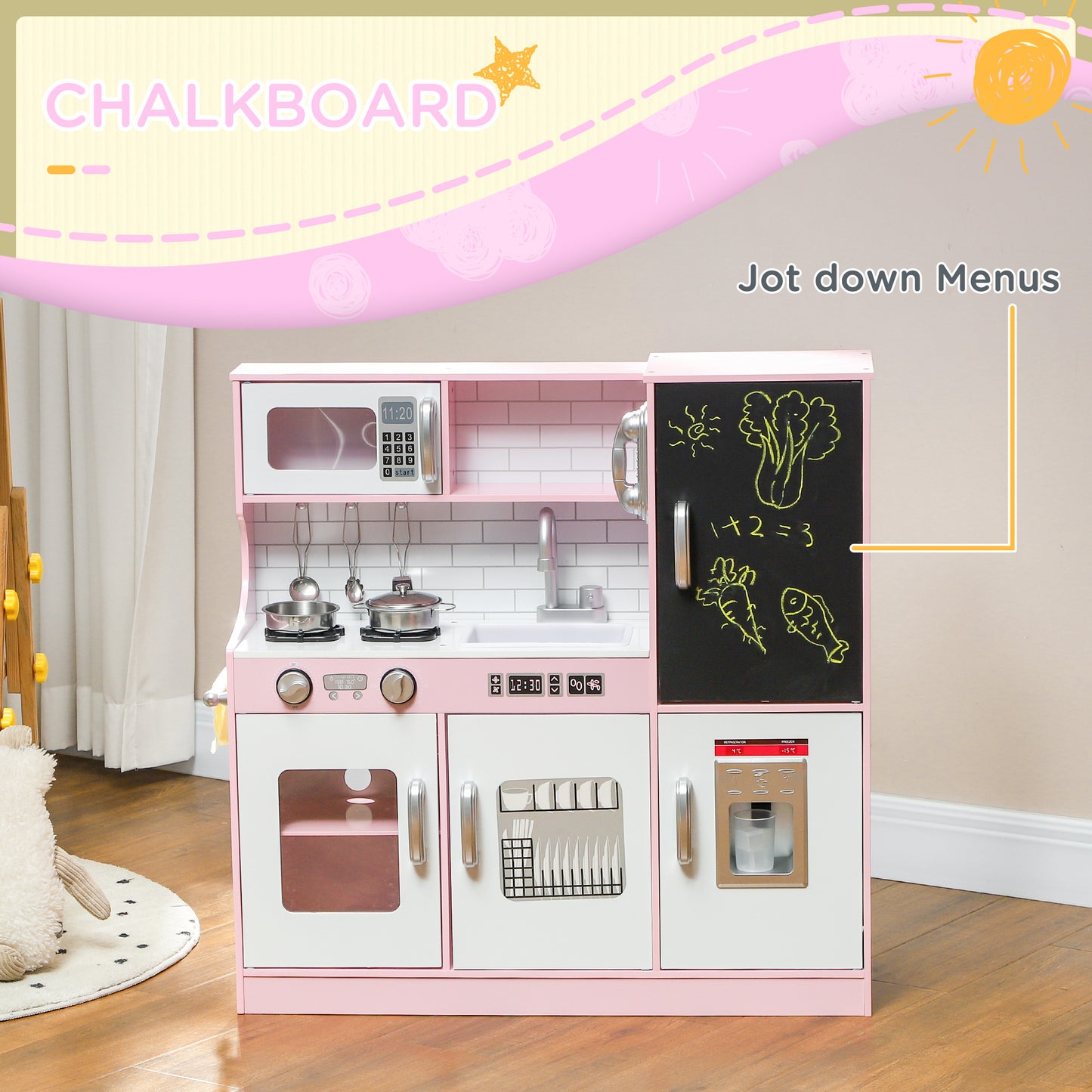 Pretend Play Kitchen, Kids Kitchen Playset W Toy Phone, Chalkboard, Microwave, Cooking Stove, Sink