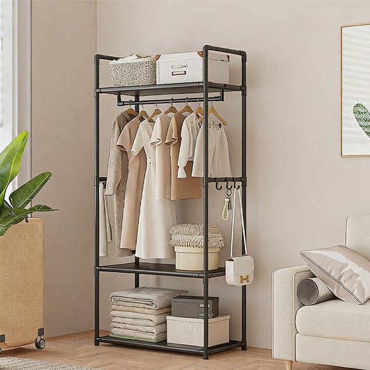 Multifunctional Clothes Rail Garment Hanging Stand Shoe Rack Home Storage Shelf Black Without Wheels
