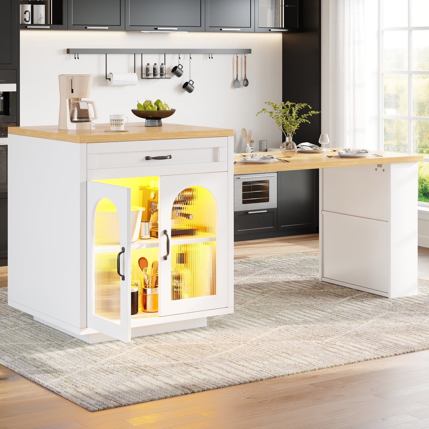 Extendable Kitchen Island With LED Lighting, Modern Storage Cabinet With 2 Drawers & Adjustable Shelves, Kitchen Sideboard With Fluted Glass Doors, MDF Kitchen Countertop For Dining Room