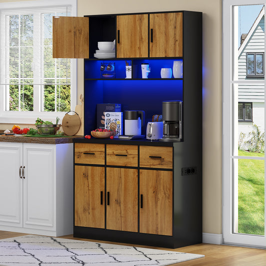 100x40x180cm, Kitchen Tall Cabinet, Pantry, Buffet Cupboard With LED App Controlled, Drawers, Adjustable Shelves, And Charging Station,  For Kitchens And Dining Rooms