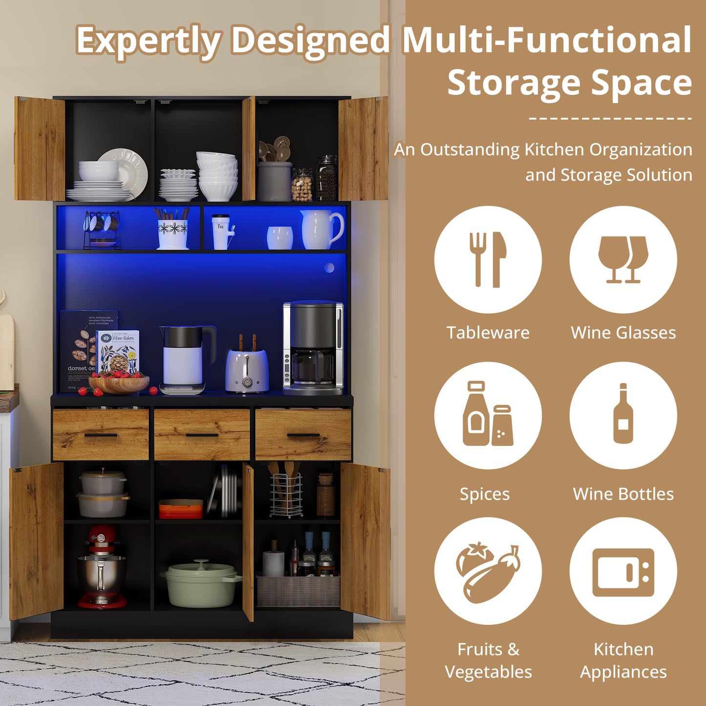 100x40x180cm, Kitchen Tall Cabinet, Pantry, Buffet Cupboard With LED App Controlled, Drawers, Adjustable Shelves, And Charging Station,  For Kitchens And Dining Rooms