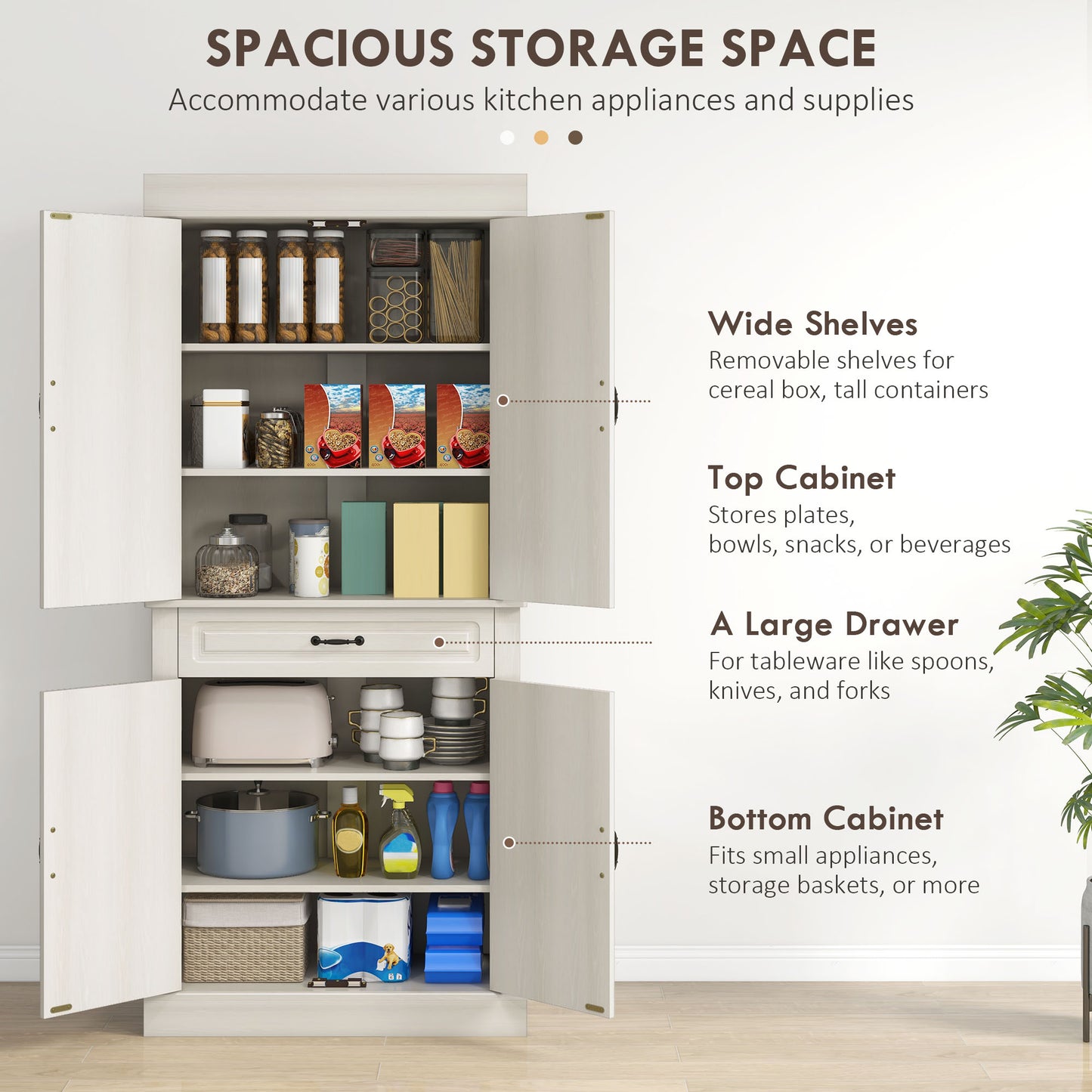 Tall Kitchen Cupboard, Kitchen Pantry Cabinet With Drawer, Shelves, White