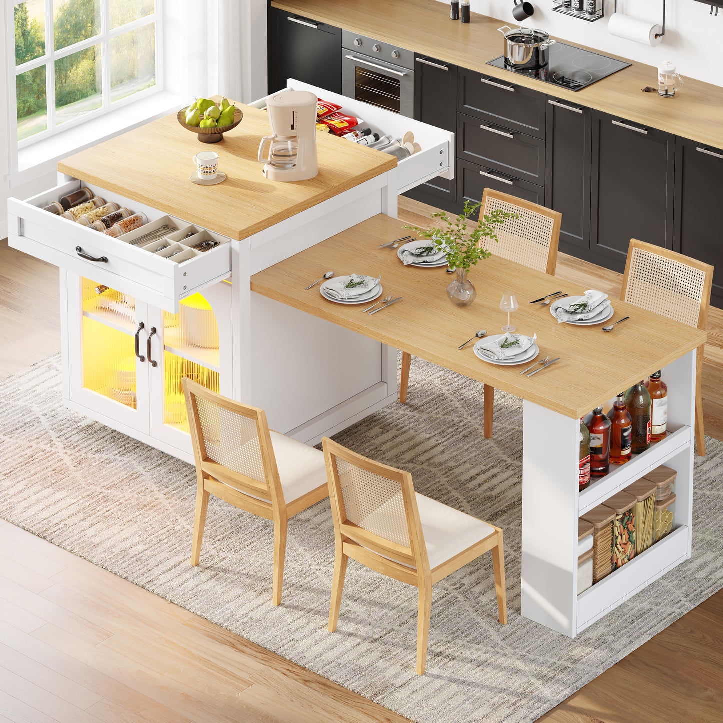 Extendable Kitchen Island With LED Lighting, Modern Storage Cabinet With 2 Drawers & Adjustable Shelves, Kitchen Sideboard With Fluted Glass Doors, MDF Kitchen Countertop For Dining Room