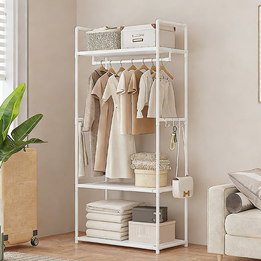 Multifunctional Clothes Rail Garment Hanging Stand Shoe Rack Home Storage Shelf White Without Wheels