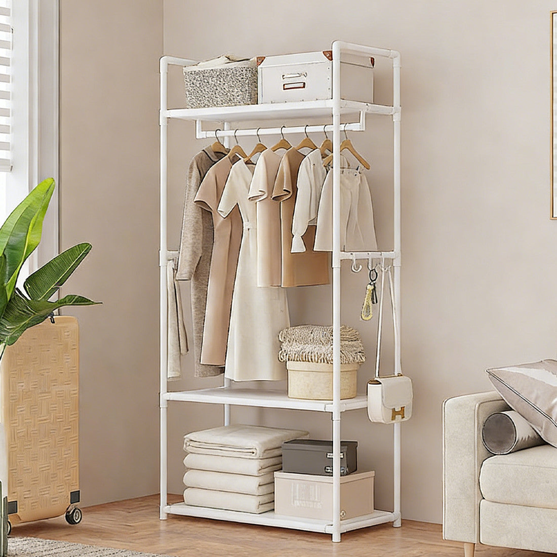 Multifunctional Clothes Rail Garment Hanging Stand Shoe Rack Home Storage Shelf White Without Wheels