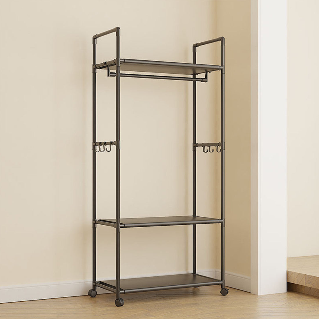 Multifunctional Clothes Rail Garment Hanging Stand Shoe Rack Home Storage Shelf Black Without Wheels