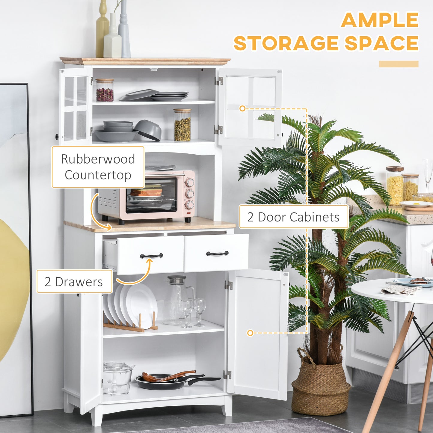 Freestanding Kitchen Cupboard, Kitchen Storage Cabinet With Framed Glass Doors, 2 Drawers, Microwave Counter, 172cm, White