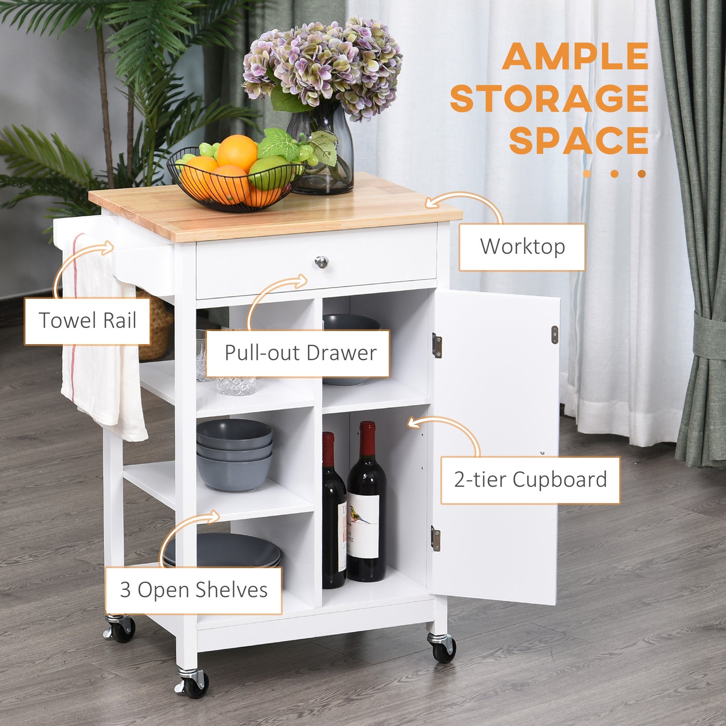 Kitchen Trolley, Kitchen Island On Wheels, W/ Wood Top, 3 Shelves And Storage Cupboard, White