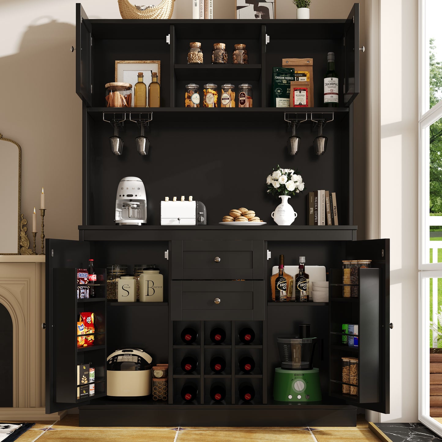 Kitchen Cabinet With Adjustable Shelves & Wine Rack, Tall Kitchen Cabinet With 4 Doors & 2 Drawers, Sideboard For Kitchen & Living Room, Buffet Cabinet, White