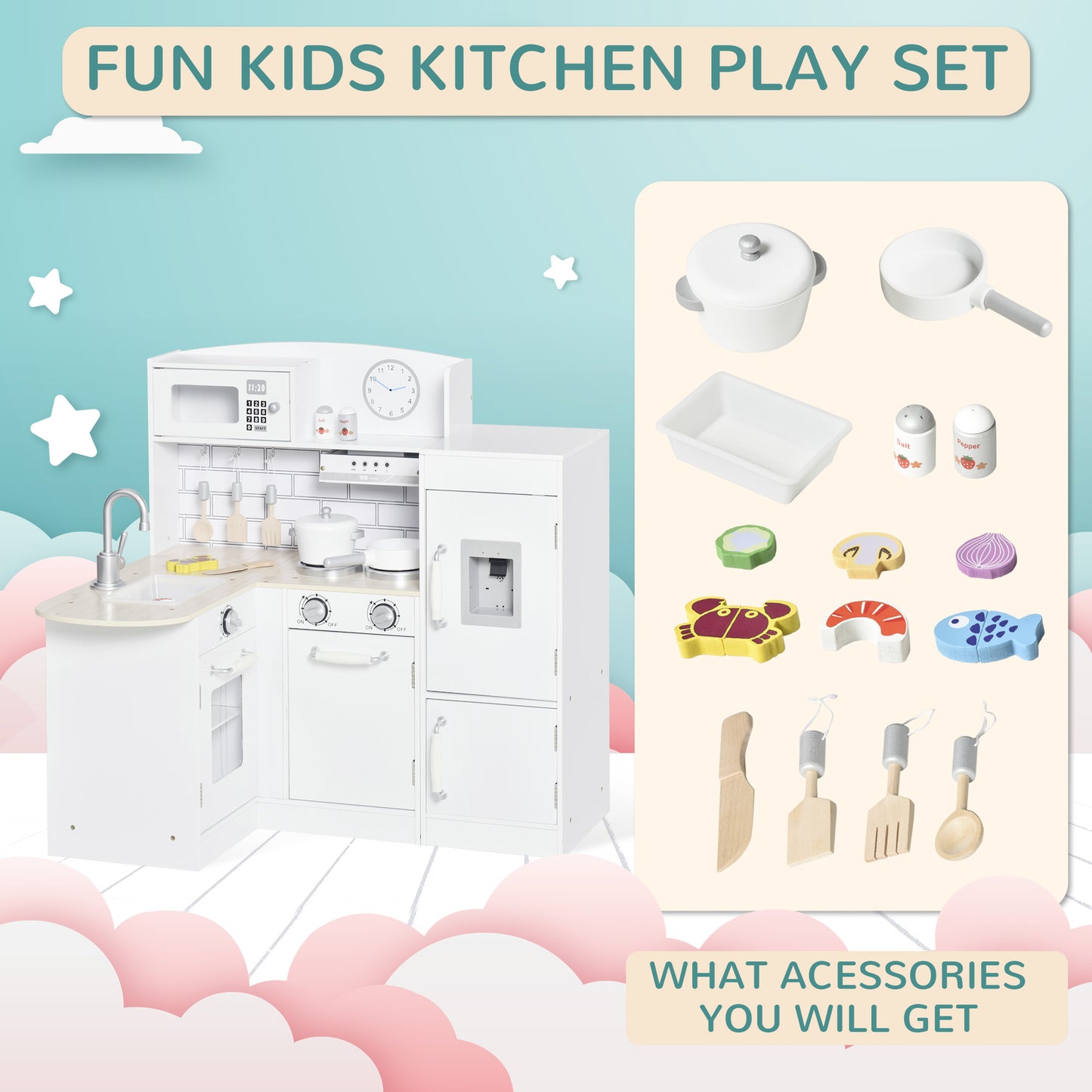 Kids Play Kitchen Wooden Toy Kitchen Cooking Set For Children With Drinking Fountain, Microwave, And Fridge White