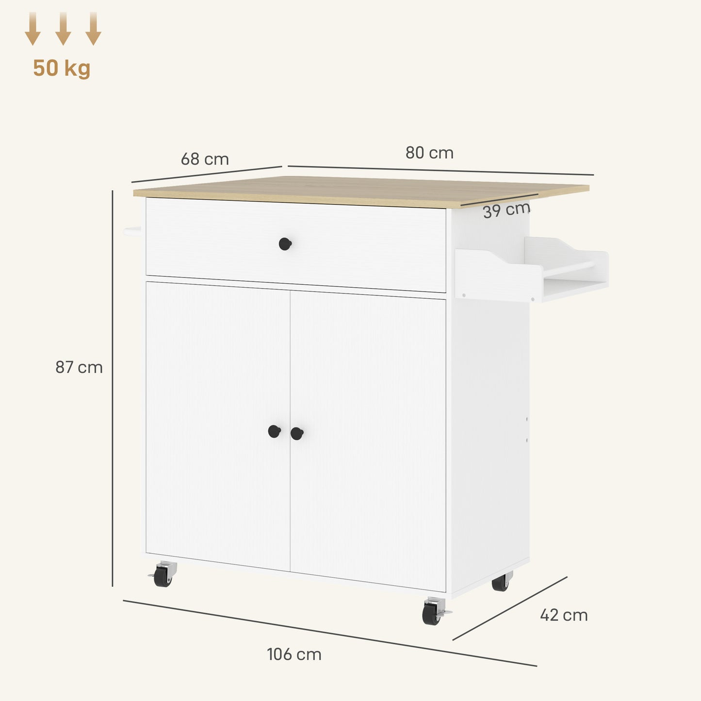 Rolling Kitchen Island With Drop Leaf, Kitchen Storage Cart With Drawer, Spice Rack And Towel Rack, White