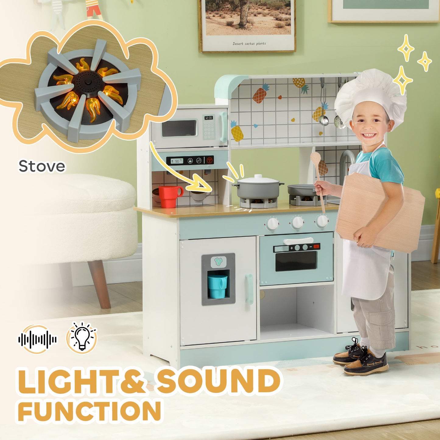 Toy Kitchen, Pretend Role Play Kitchen With Hob, Sound, Light, Coffee Machine, Ice Maker, Microwave