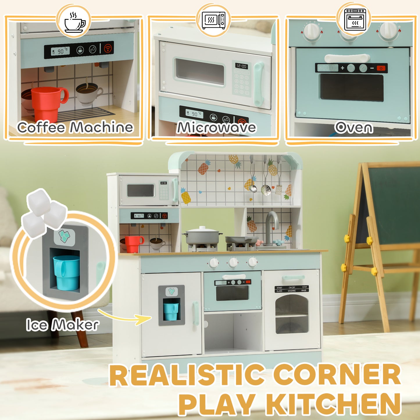 Toy Kitchen, Pretend Role Play Kitchen With Hob, Sound, Light, Coffee Machine, Ice Maker, Microwave