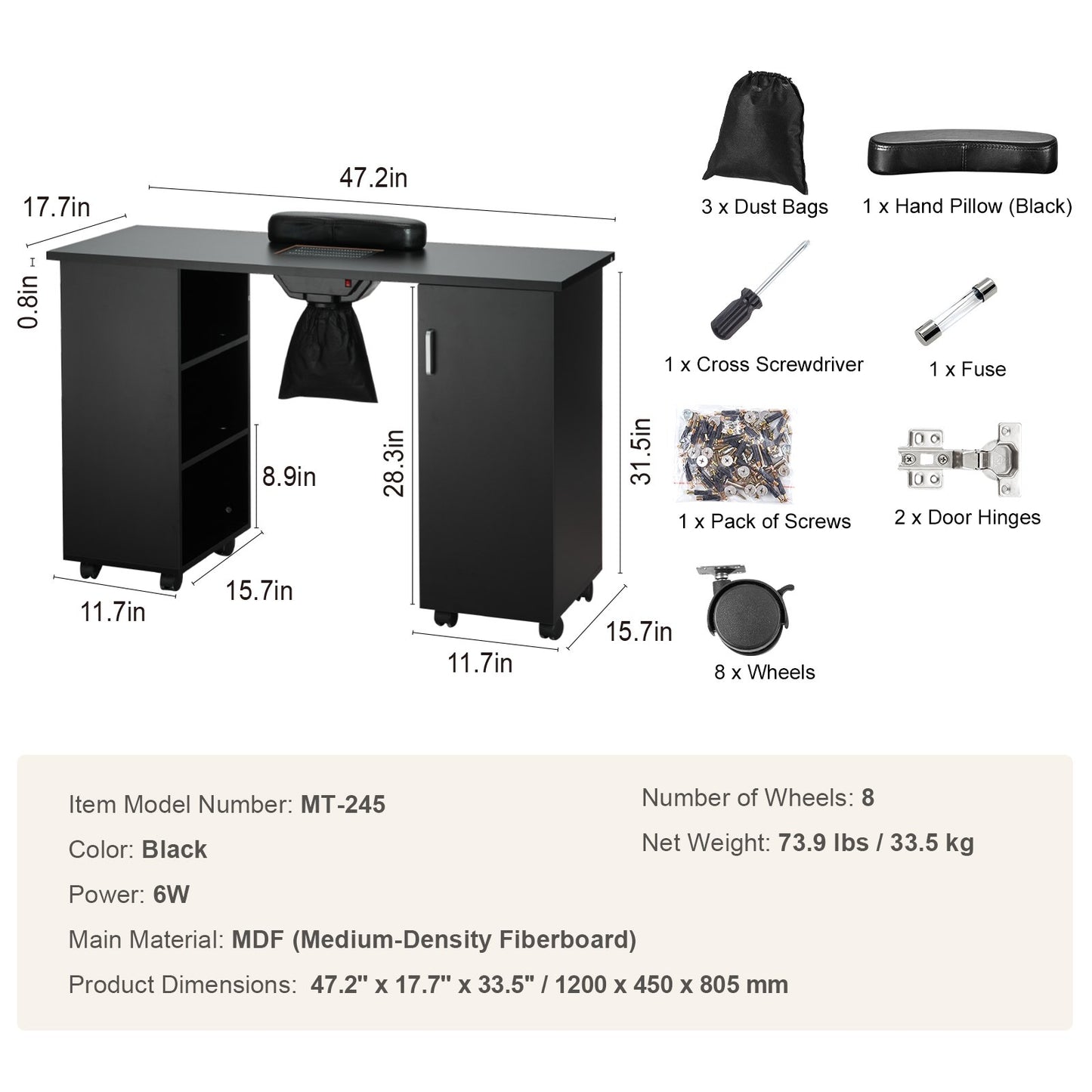 VEVOR Manicure Table, Nail Table Station With Electric Dust Collector, Moveable Nail Tech Desk With 8 Wheels  4 Lockable , 3 Dust Bag & Wrist Rest, MDF Nail Art Workstation For Spa Beauty Salon, Black