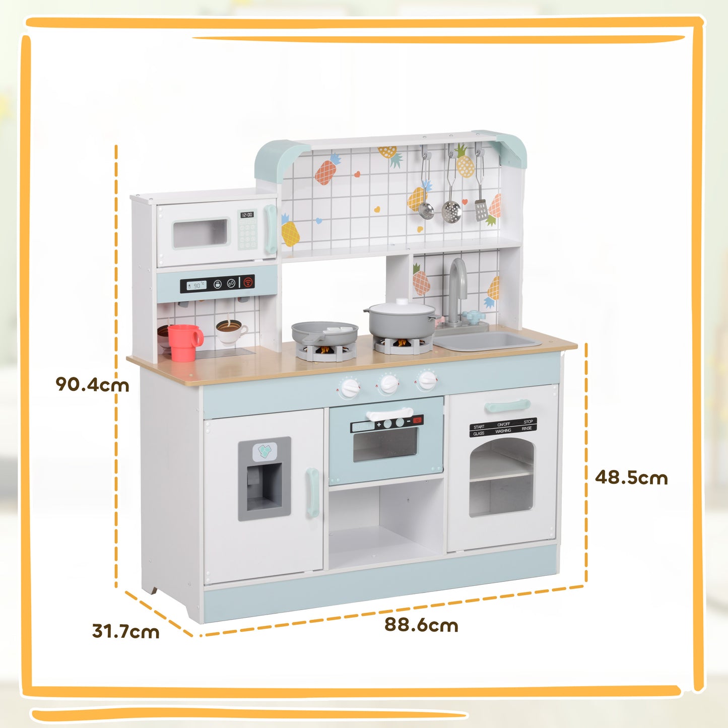 Toy Kitchen, Pretend Role Play Kitchen With Hob, Sound, Light, Coffee Machine, Ice Maker, Microwave