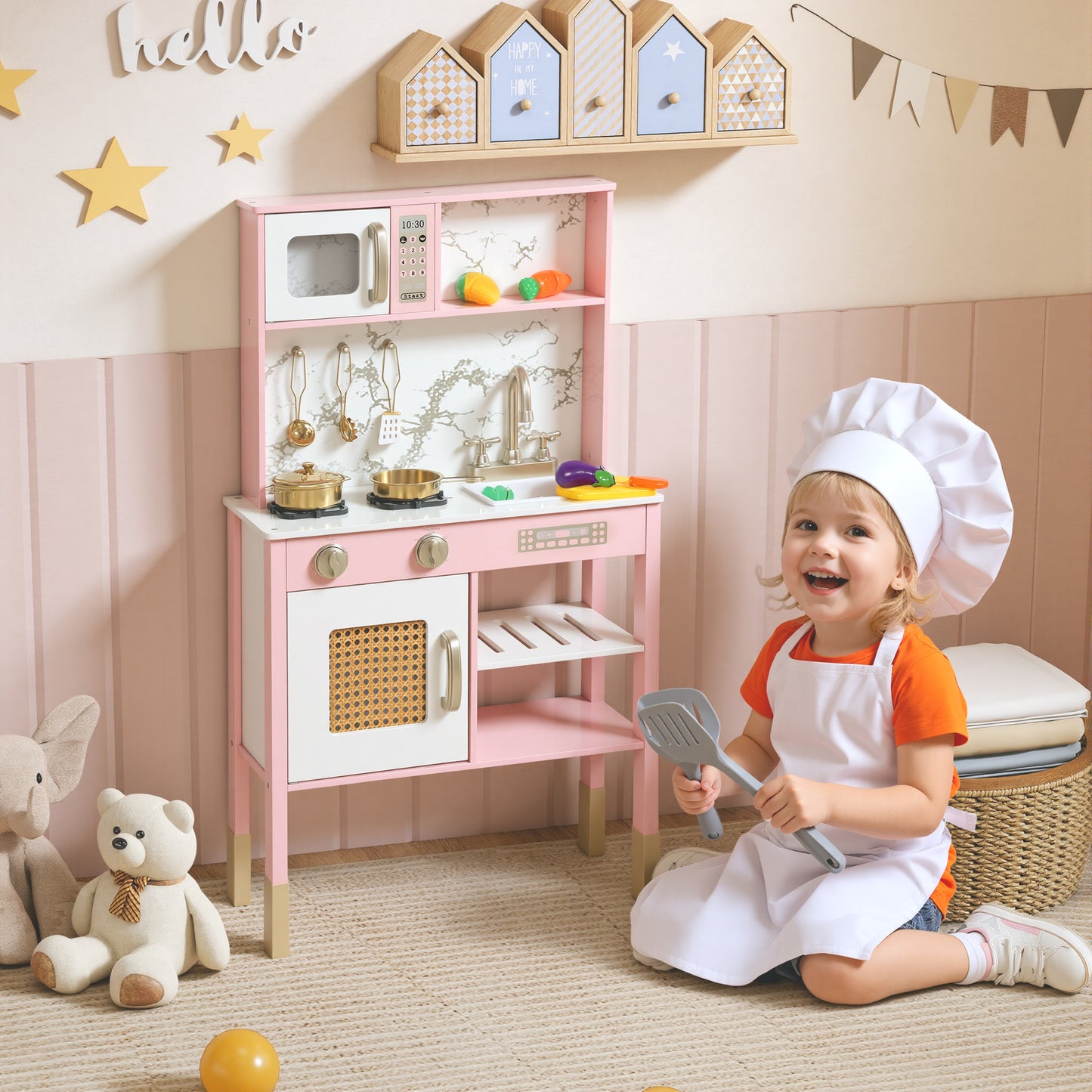 Kitchen Playset With Pretend Play Cooking Accessories, Play Kitchen With Oven, Microwave And Sink, Pink
