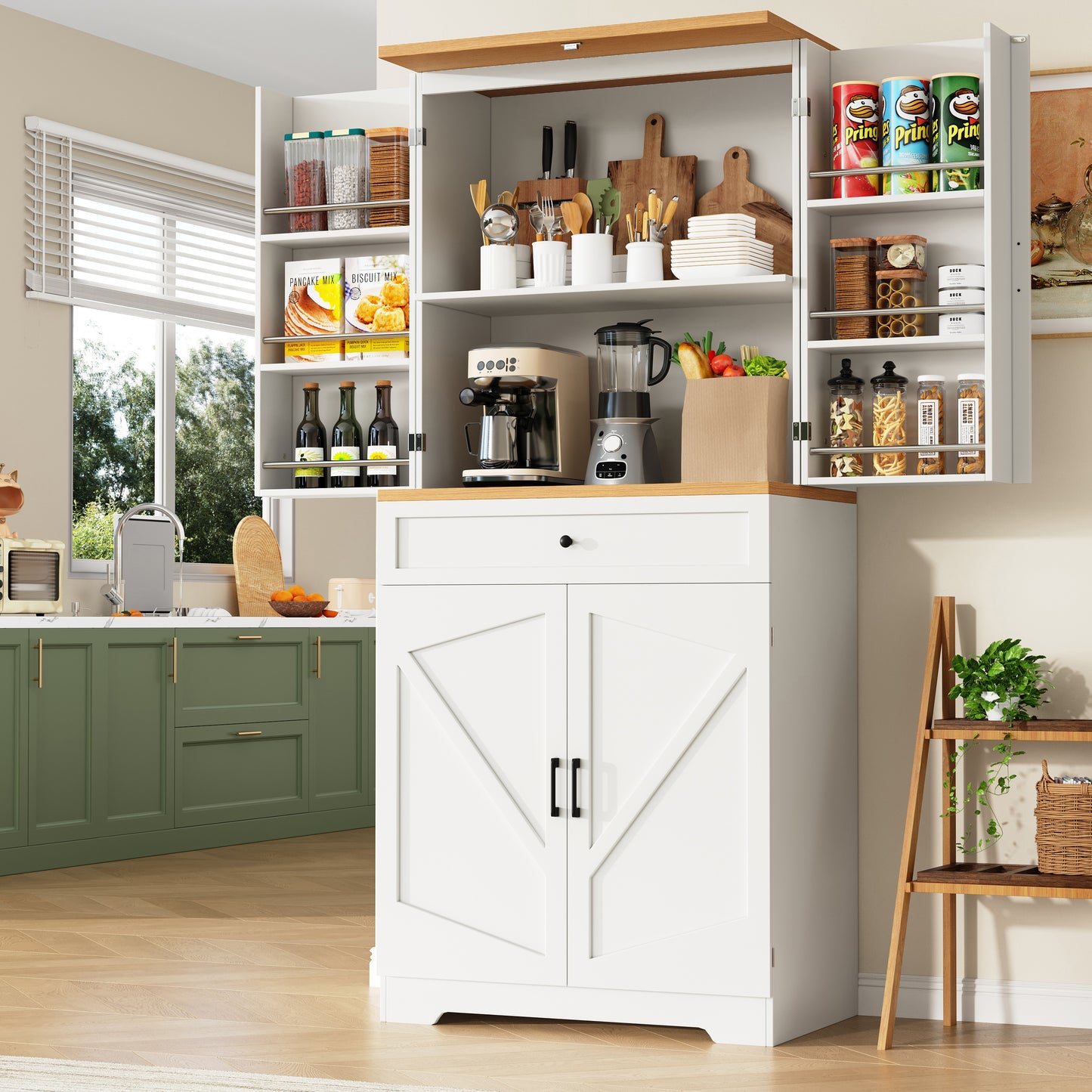Snack Cabinet, Kitchen Cabinet 80 X 40 X 180 Cm, Tall Kitchen Sideboard, Storage Sideboard, Kitchen Sideboard With Door Frame, White, Suitable For Living Room, Kitchen, Dining Room