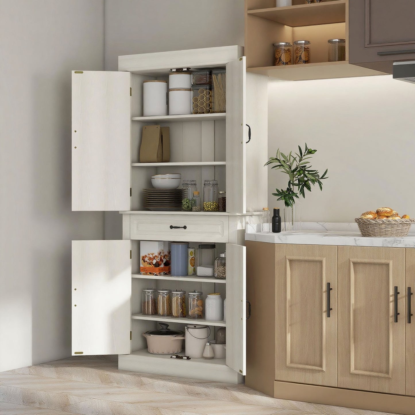 Tall Kitchen Cupboard, Kitchen Pantry Cabinet With Drawer, Shelves, White