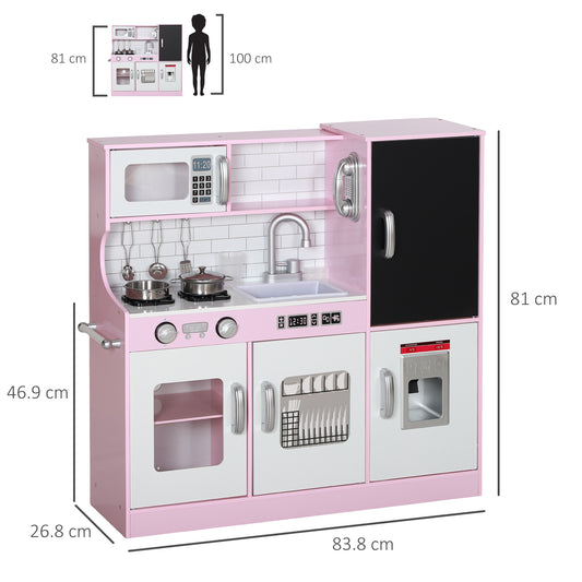 Pretend Play Kitchen, Kids Kitchen Playset W Toy Phone, Chalkboard, Microwave, Cooking Stove, Sink